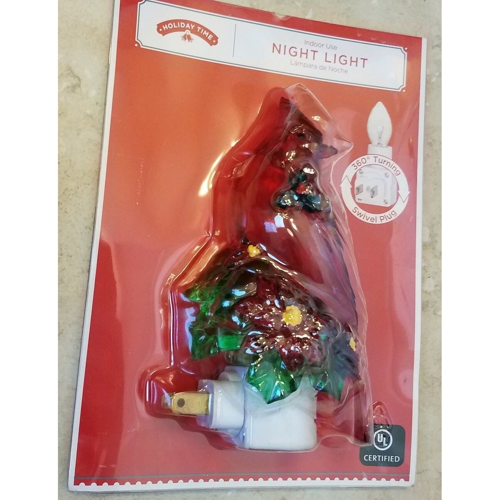 Holiday‎ Time Red Cardinal Night Light w/ Light Bulb Bird Xmas Poinsettia NEW